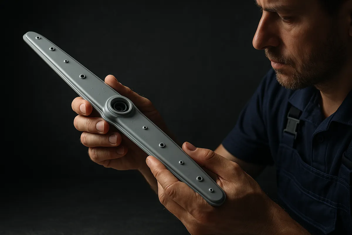 A technician examines a silver dishwasher spray arm for clogs, highlighting the need for expert repair.