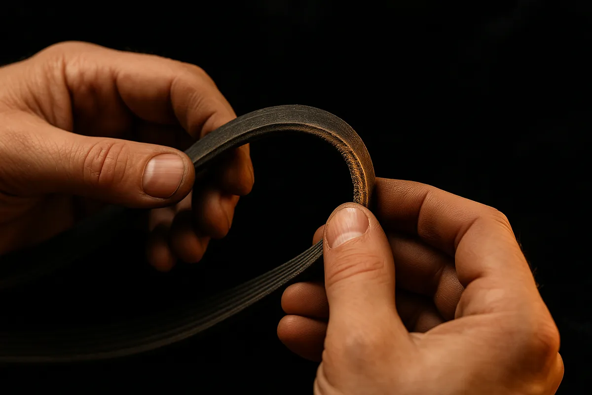 Technician inspecting a worn-out dryer belt, highlighting signs of wear that may indicate repair needs.